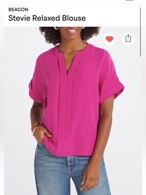 Fuchsia Short-Sleeve Split-Neck Blouse